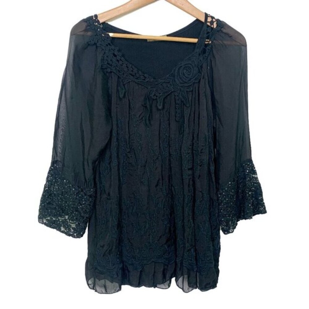 Beyond Capri Embroidered Beaded Lace Boho Tunic Blouse